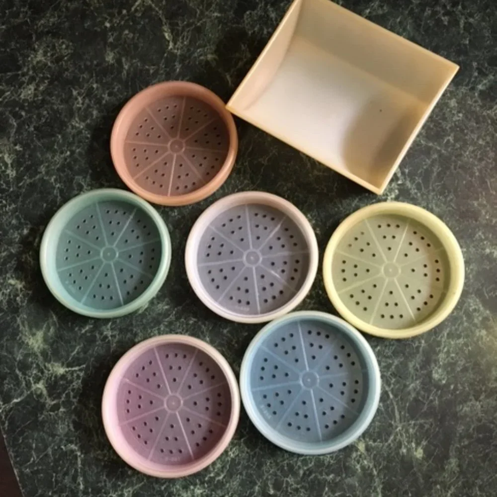 VTG 70's Pastel Plastic Tupperware Drink Coasters Set of 6 w/Cradle
